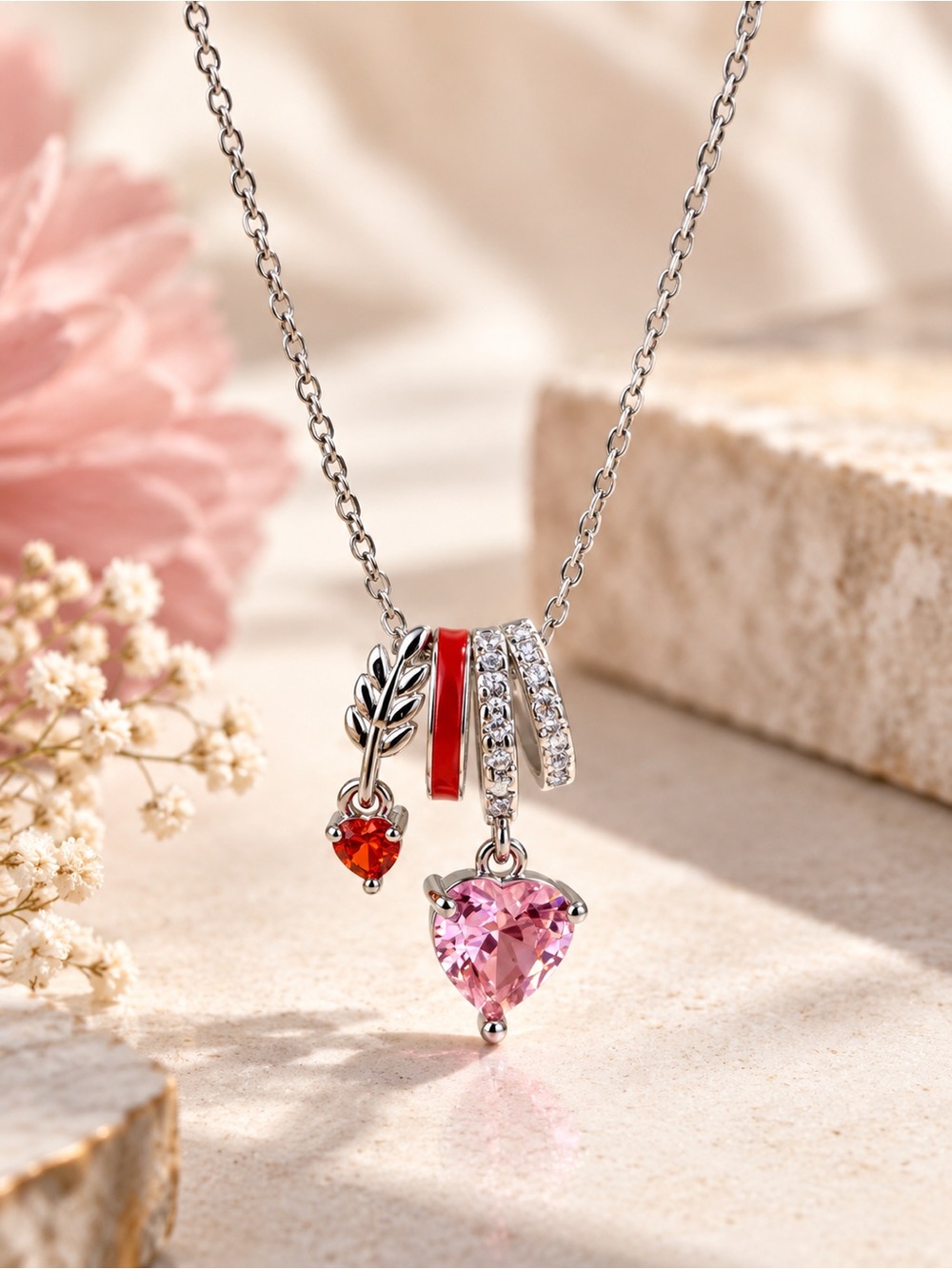 Silver Pink Heart Crystal Charm Necklace Red Enamel Leaf Romantic Boho
